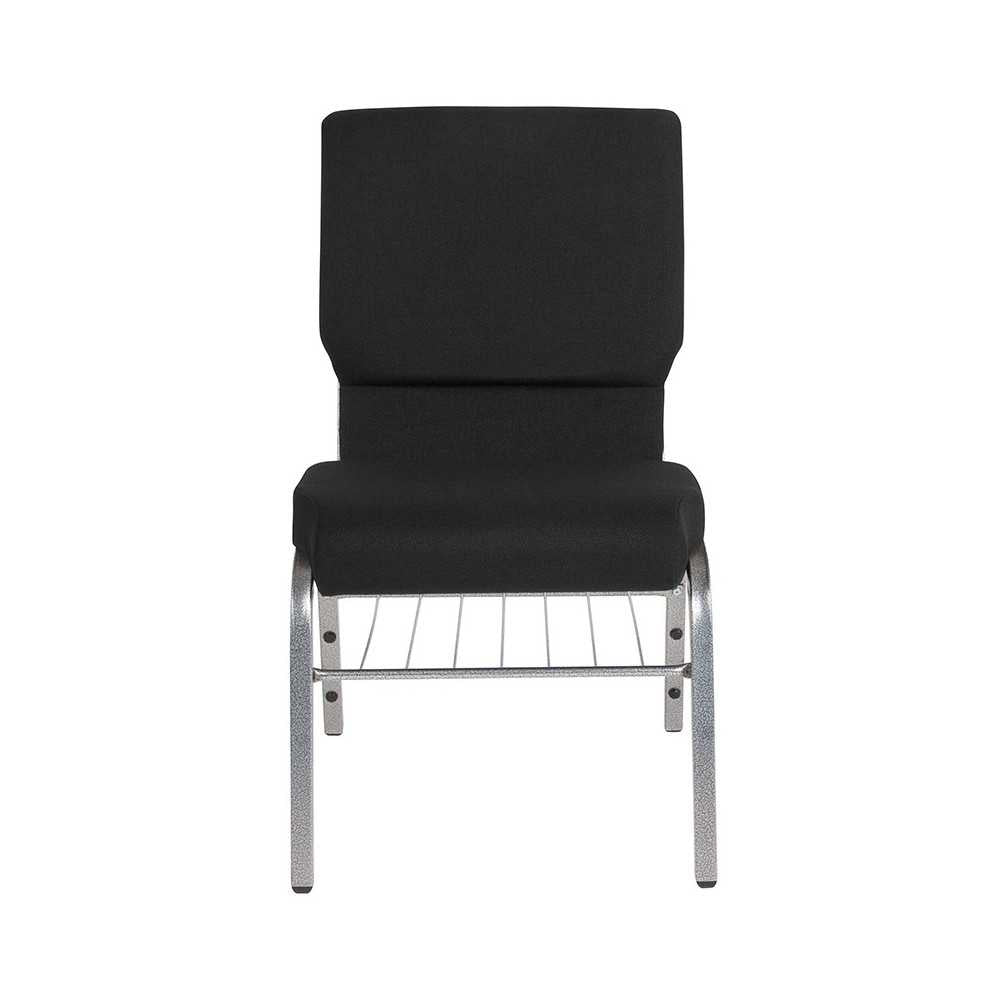 18.5''W Church Chair in Black Fabric with Book Rack - Silver Vein Frame