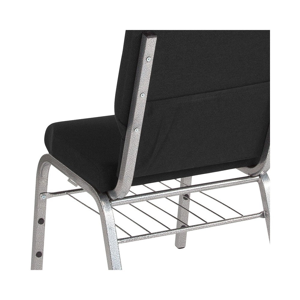 18.5''W Church Chair in Black Fabric with Book Rack - Silver Vein Frame
