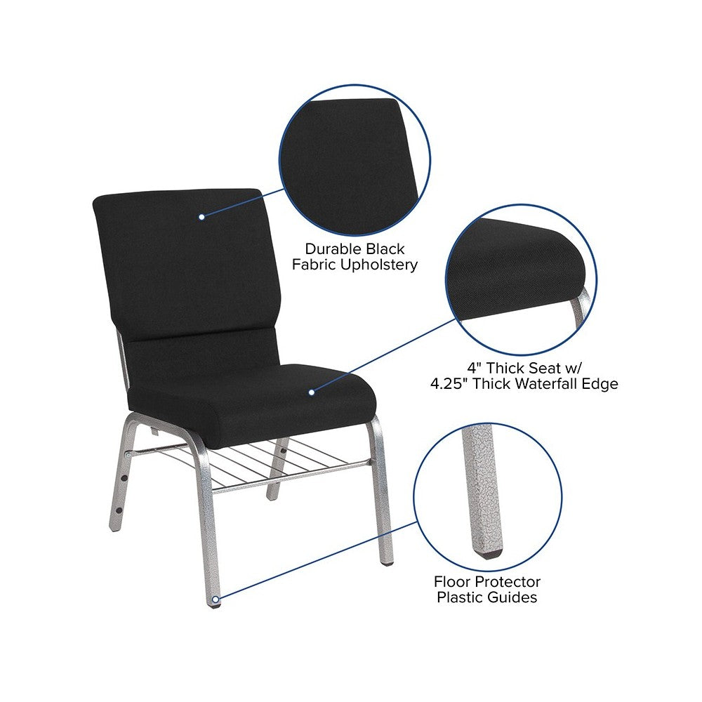 18.5''W Church Chair in Black Fabric with Book Rack - Silver Vein Frame