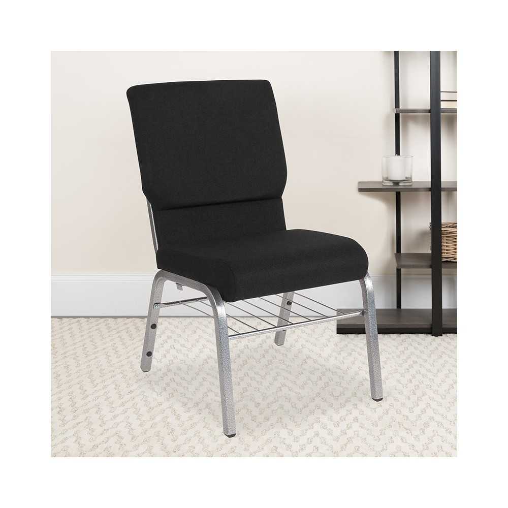 18.5''W Church Chair in Black Fabric with Book Rack - Silver Vein Frame