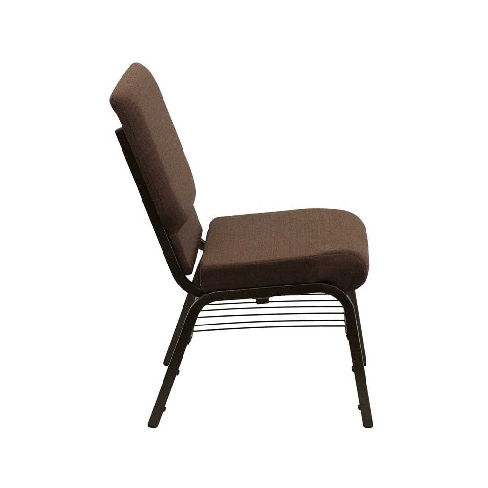 18.5''W Church Chair in Brown Fabric with Book Rack - Gold Vein Frame