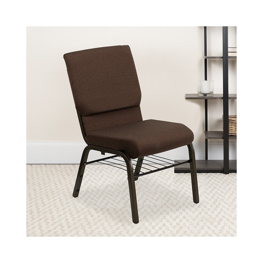 18.5''W Church Chair in Brown Fabric with Book Rack - Gold Vein Frame