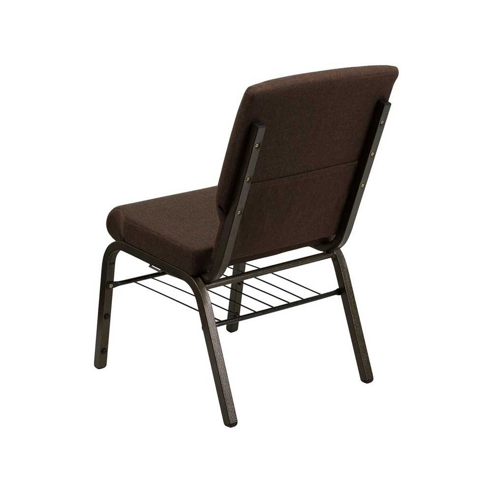 18.5''W Church Chair in Brown Fabric with Book Rack - Gold Vein Frame