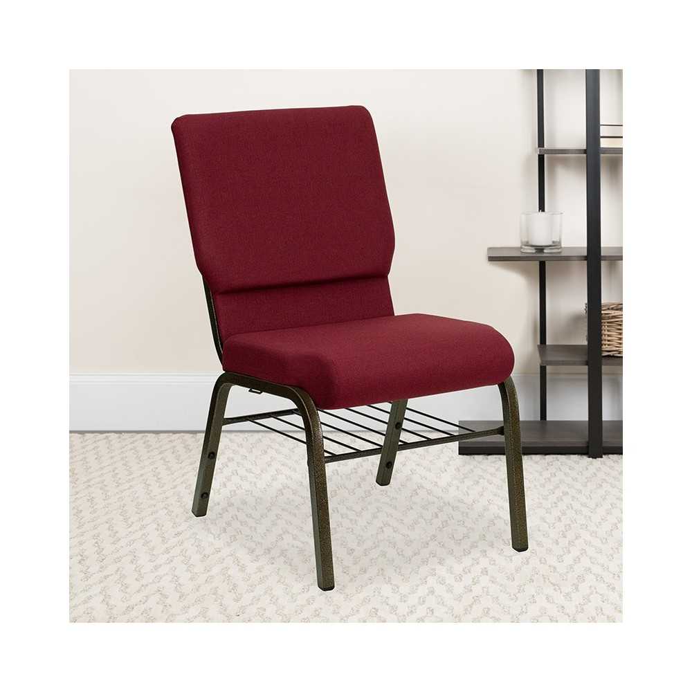 18.5''W Church Chair in Burgundy Fabric with Book Rack - Gold Vein Frame