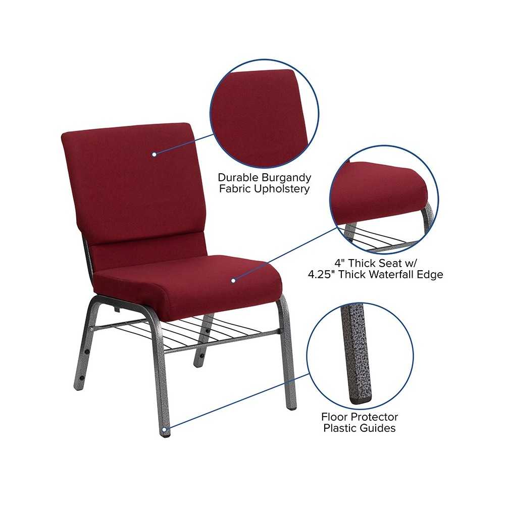18.5''W Church Chair in Burgundy Fabric with Book Rack - Silver Vein Frame