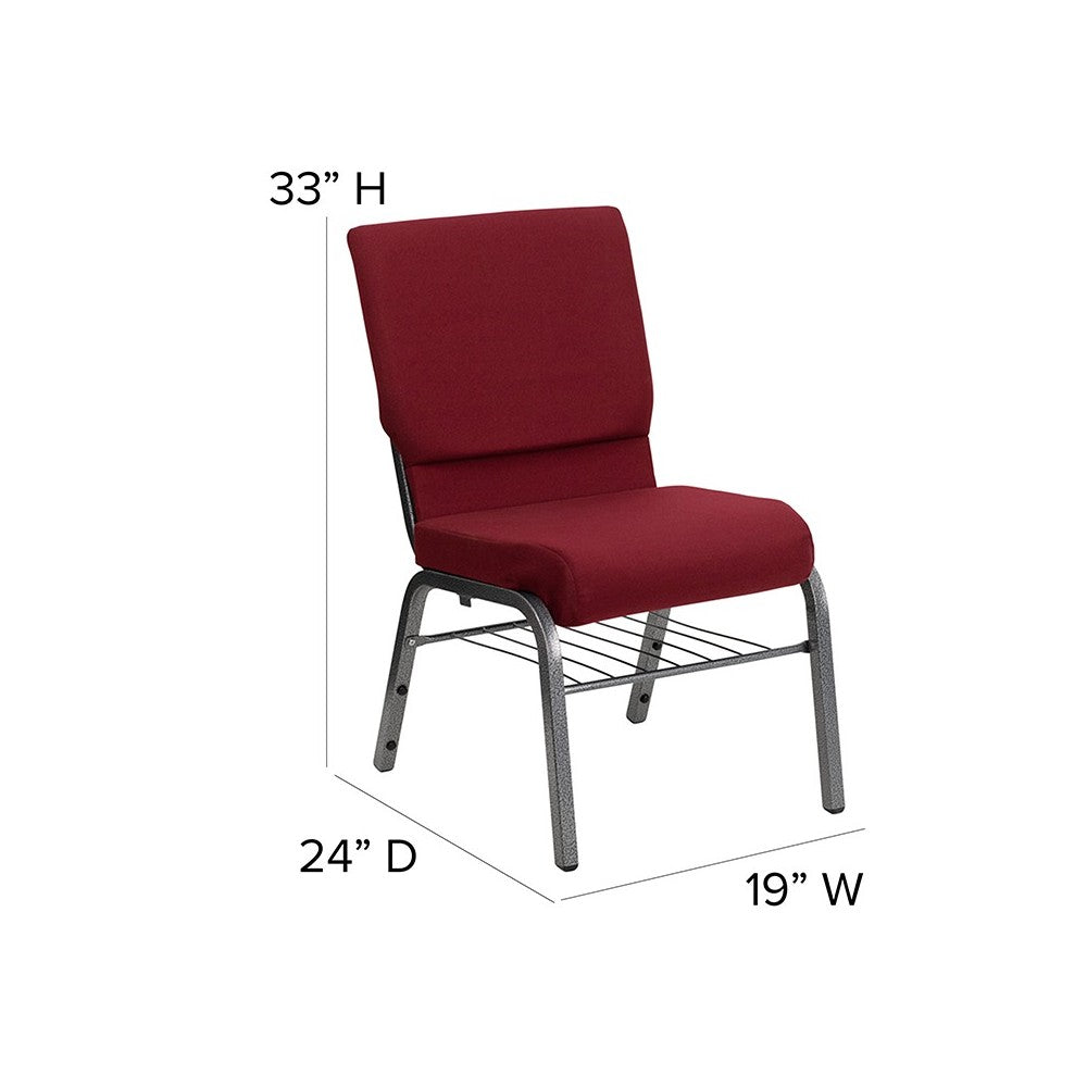 18.5''W Church Chair in Burgundy Fabric with Book Rack - Silver Vein Frame