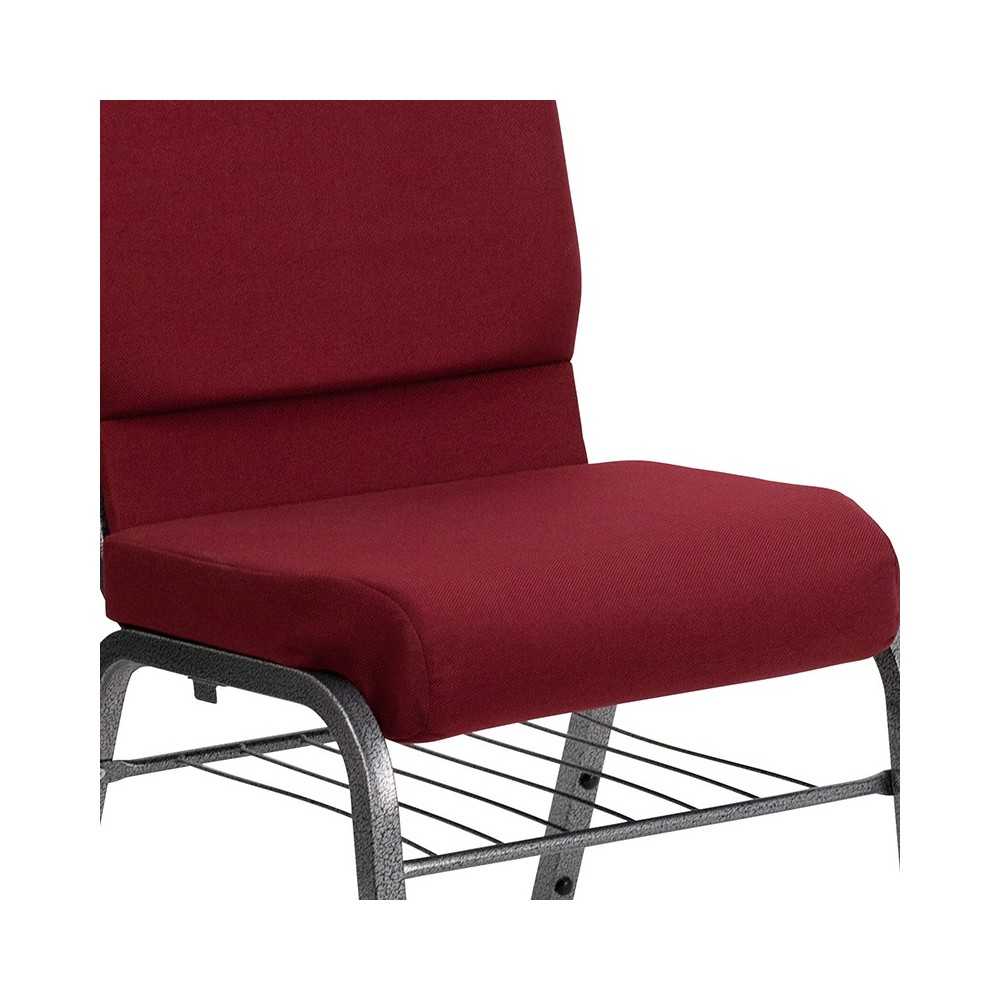 18.5''W Church Chair in Burgundy Fabric with Book Rack - Silver Vein Frame