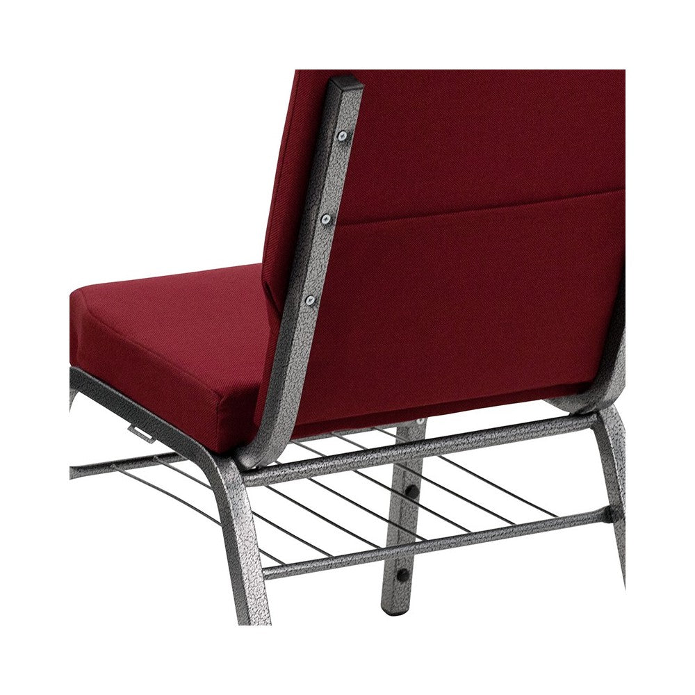 18.5''W Church Chair in Burgundy Fabric with Book Rack - Silver Vein Frame