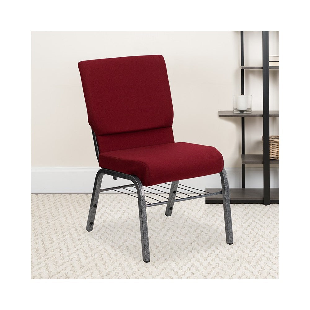 18.5''W Church Chair in Burgundy Fabric with Book Rack - Silver Vein Frame