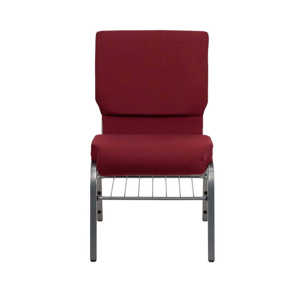 18.5''W Church Chair in Burgundy Fabric with Book Rack - Silver Vein Frame