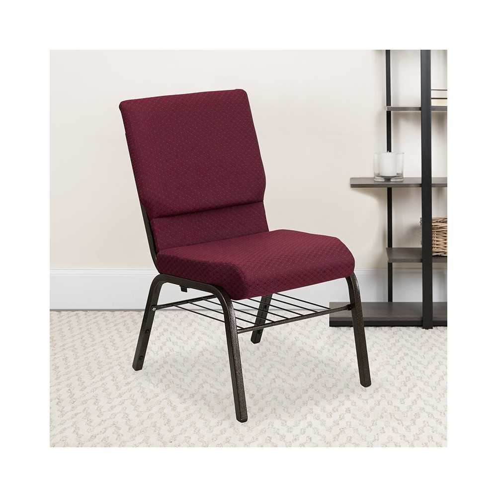 18.5''W Church Chair in Burgundy Patterned Fabric with Book Rack - Gold Vein Frame