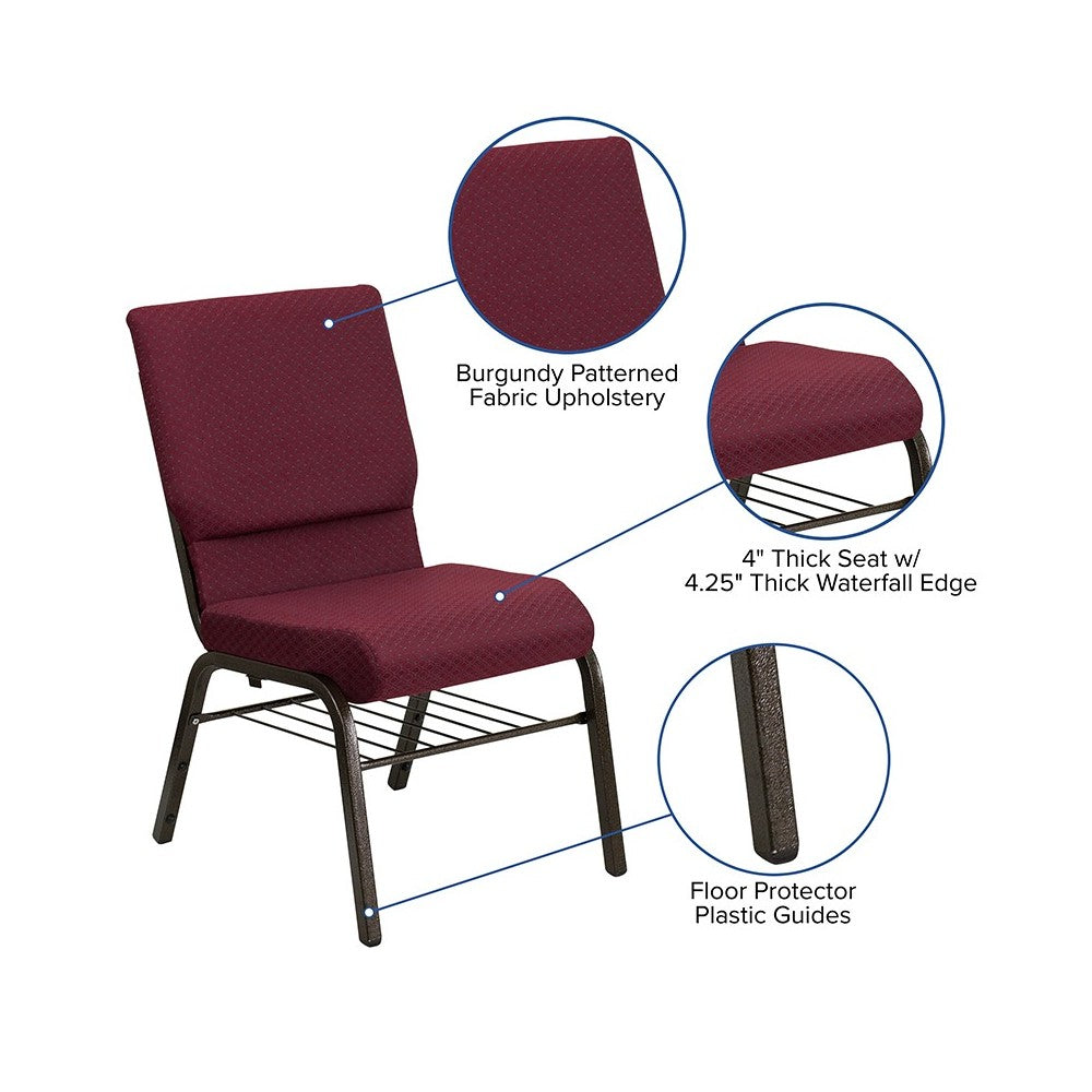 18.5''W Church Chair in Burgundy Patterned Fabric with Book Rack - Gold Vein Frame