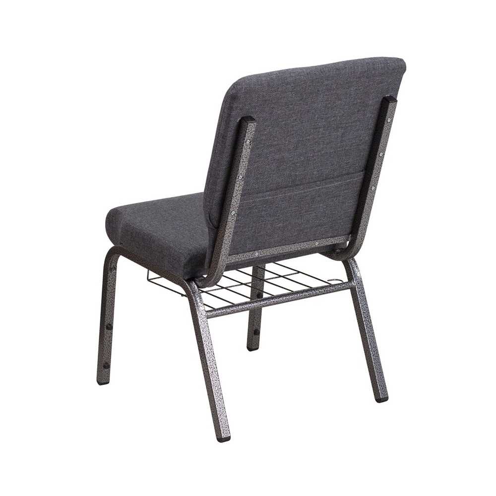 18.5''W Church Chair in Dark Gray Fabric with Book Rack - Silver Vein Frame