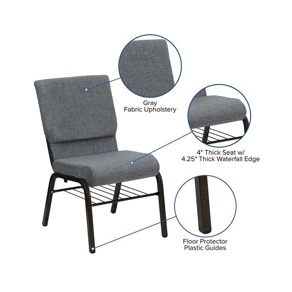 18.5''W Church Chair in Gray Fabric with Book Rack - Gold Vein Frame