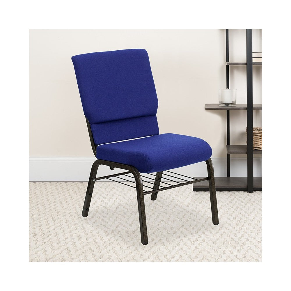 18.5''W Church Chair in Navy Blue Fabric with Book Rack - Gold Vein Frame