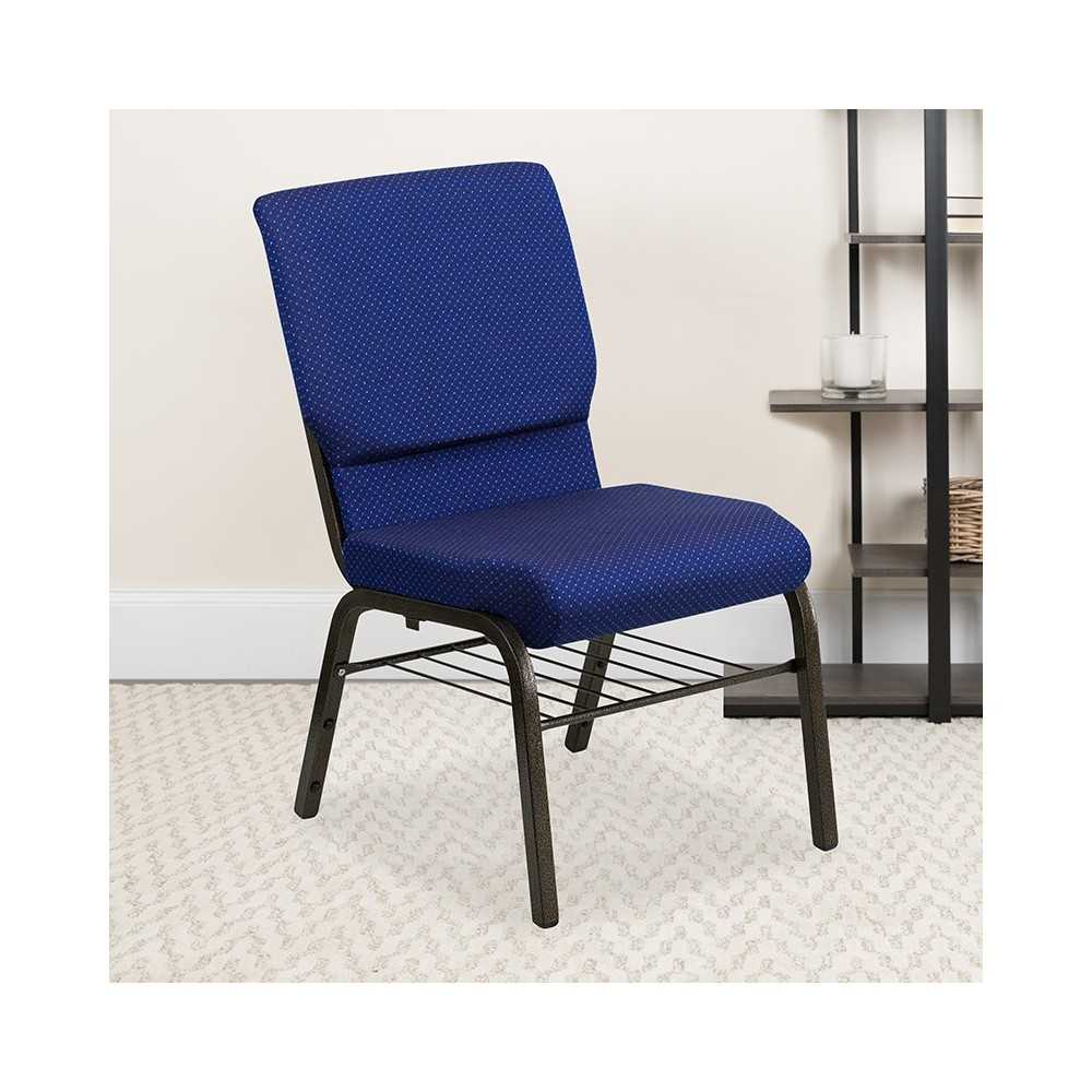 18.5''W Church Chair in Navy Blue Patterned Fabric with Book Rack - Gold Vein Frame