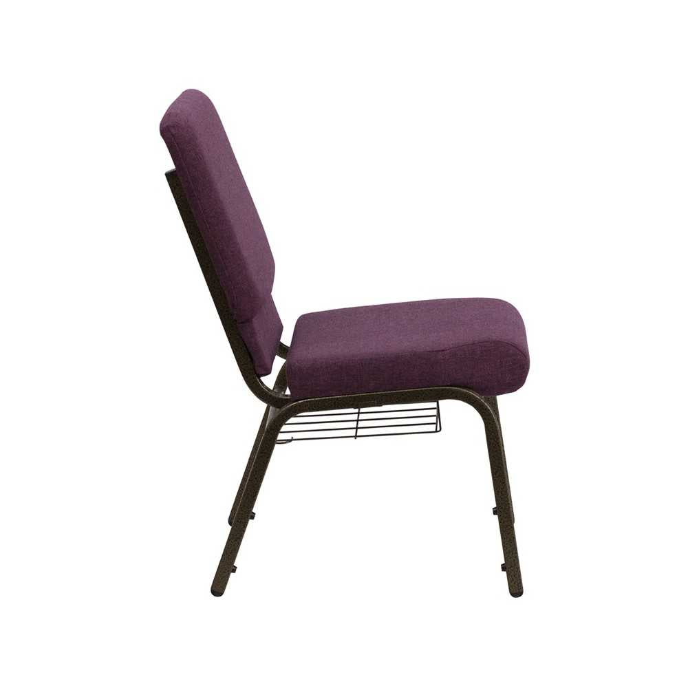 18.5''W Church Chair in Plum Fabric with Cup Book Rack - Gold Vein Frame