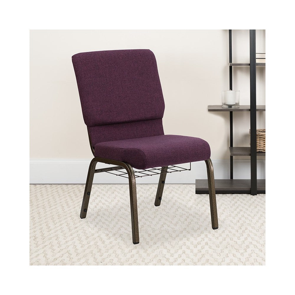 18.5''W Church Chair in Plum Fabric with Cup Book Rack - Gold Vein Frame