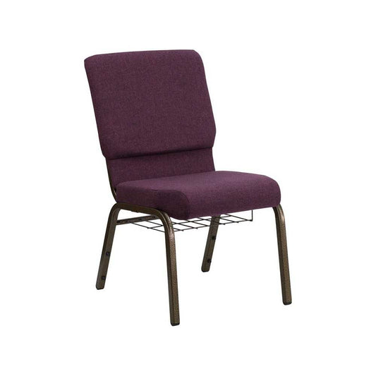 18.5''W Church Chair in Plum Fabric with Cup Book Rack - Gold Vein Frame