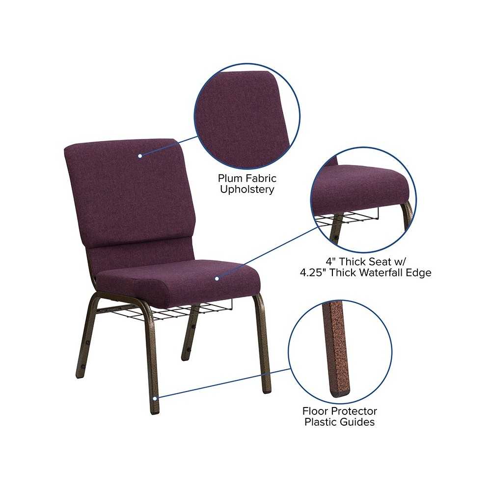 18.5''W Church Chair in Plum Fabric with Cup Book Rack - Gold Vein Frame