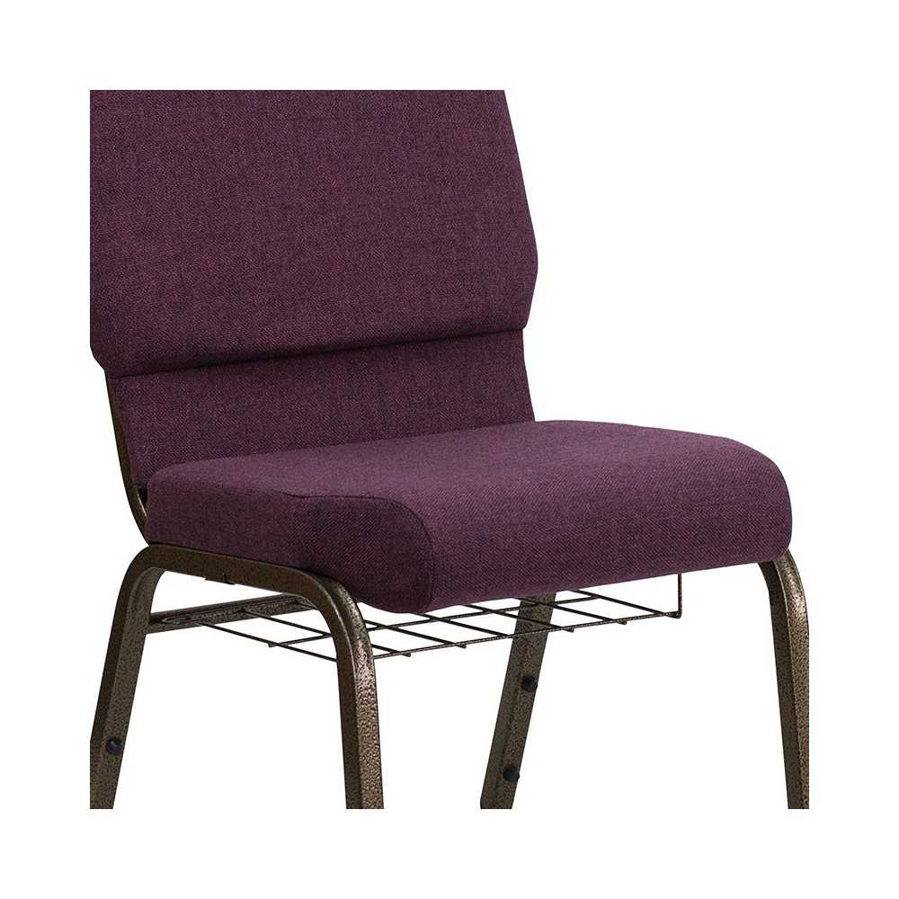 18.5''W Church Chair in Plum Fabric with Cup Book Rack - Gold Vein Frame