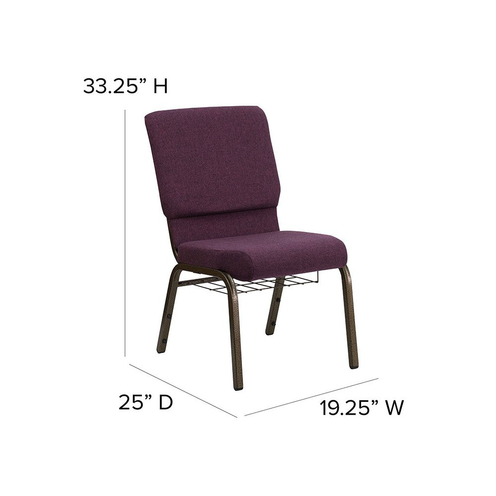 18.5''W Church Chair in Plum Fabric with Cup Book Rack - Gold Vein Frame