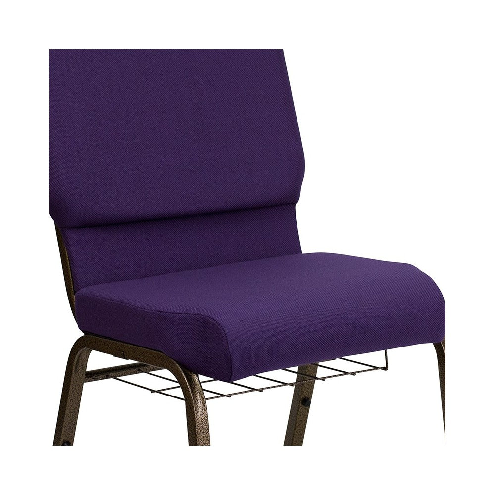 18.5''W Church Chair in Royal Purple Fabric with Cup Book Rack - Gold Vein Frame