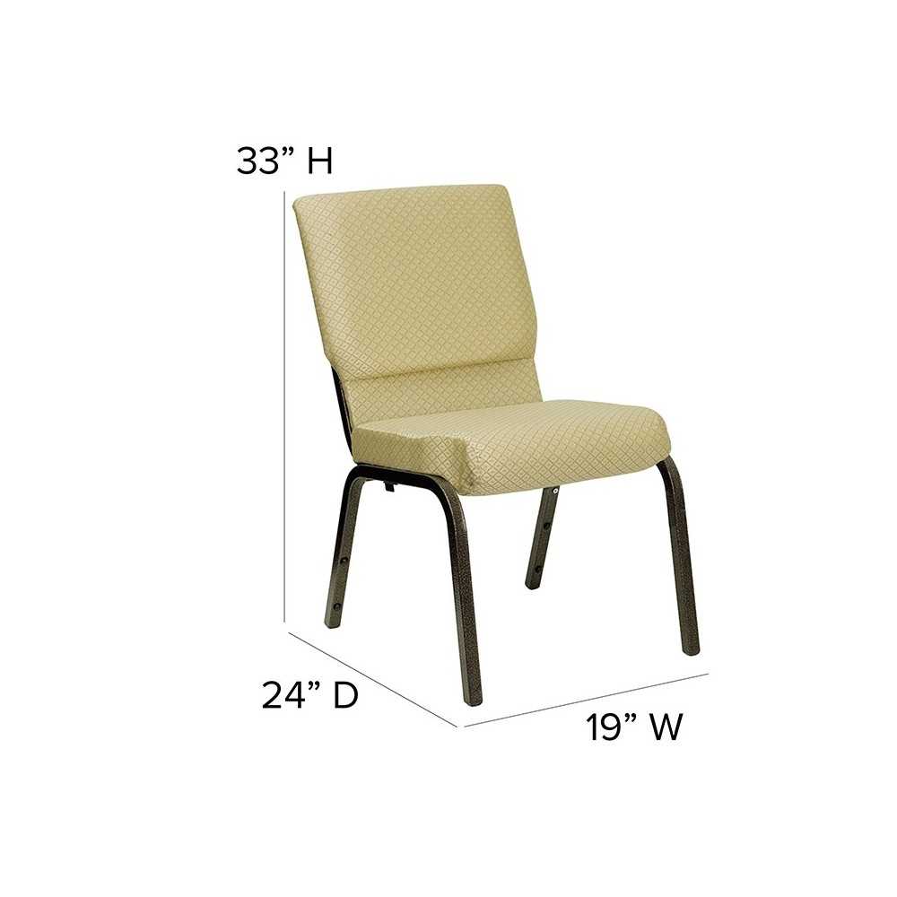 18.5''W Stacking Church Chair in Beige Patterned Fabric - Gold Vein Frame