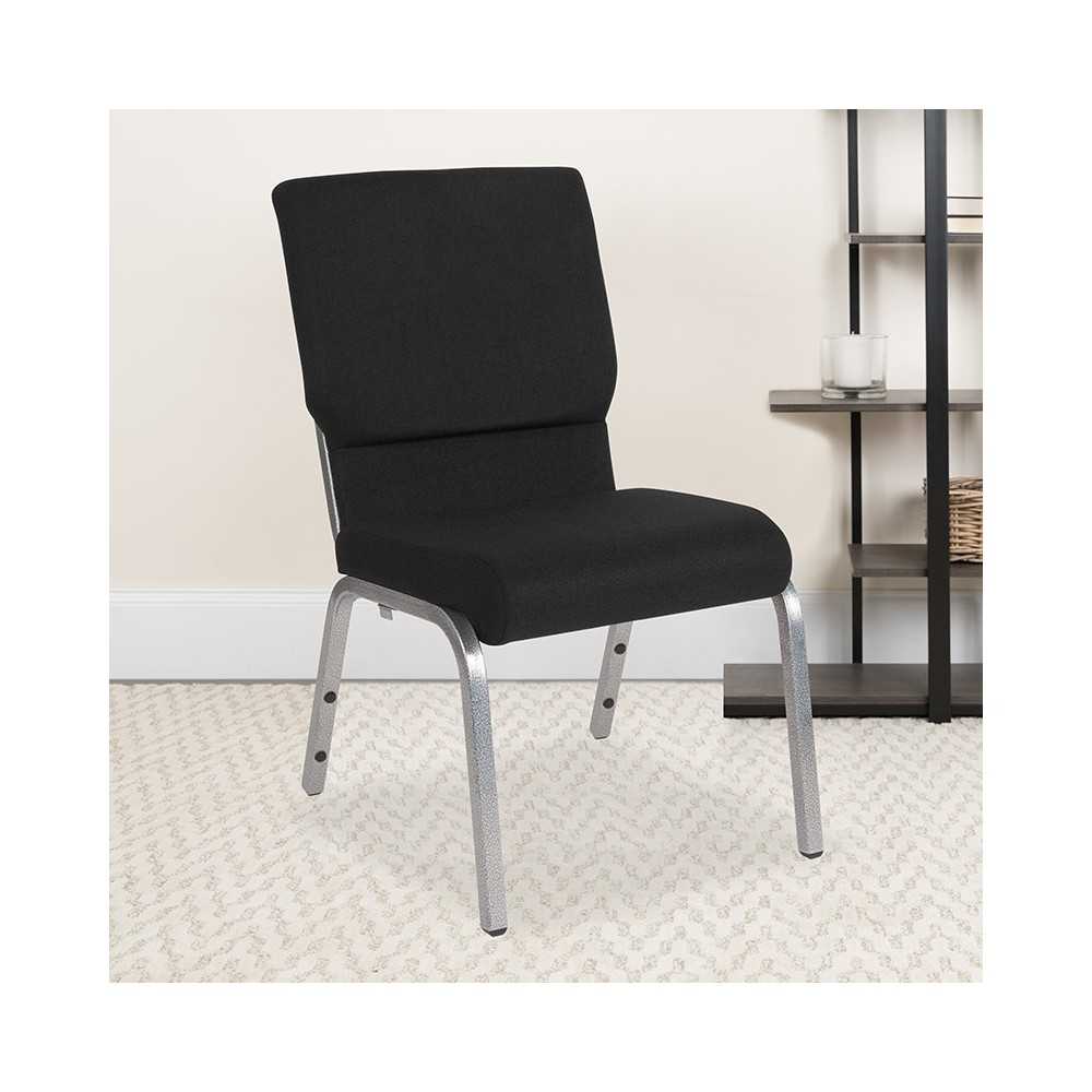 18.5''W Stacking Church Chair in Black Fabric - Silver Vein Frame