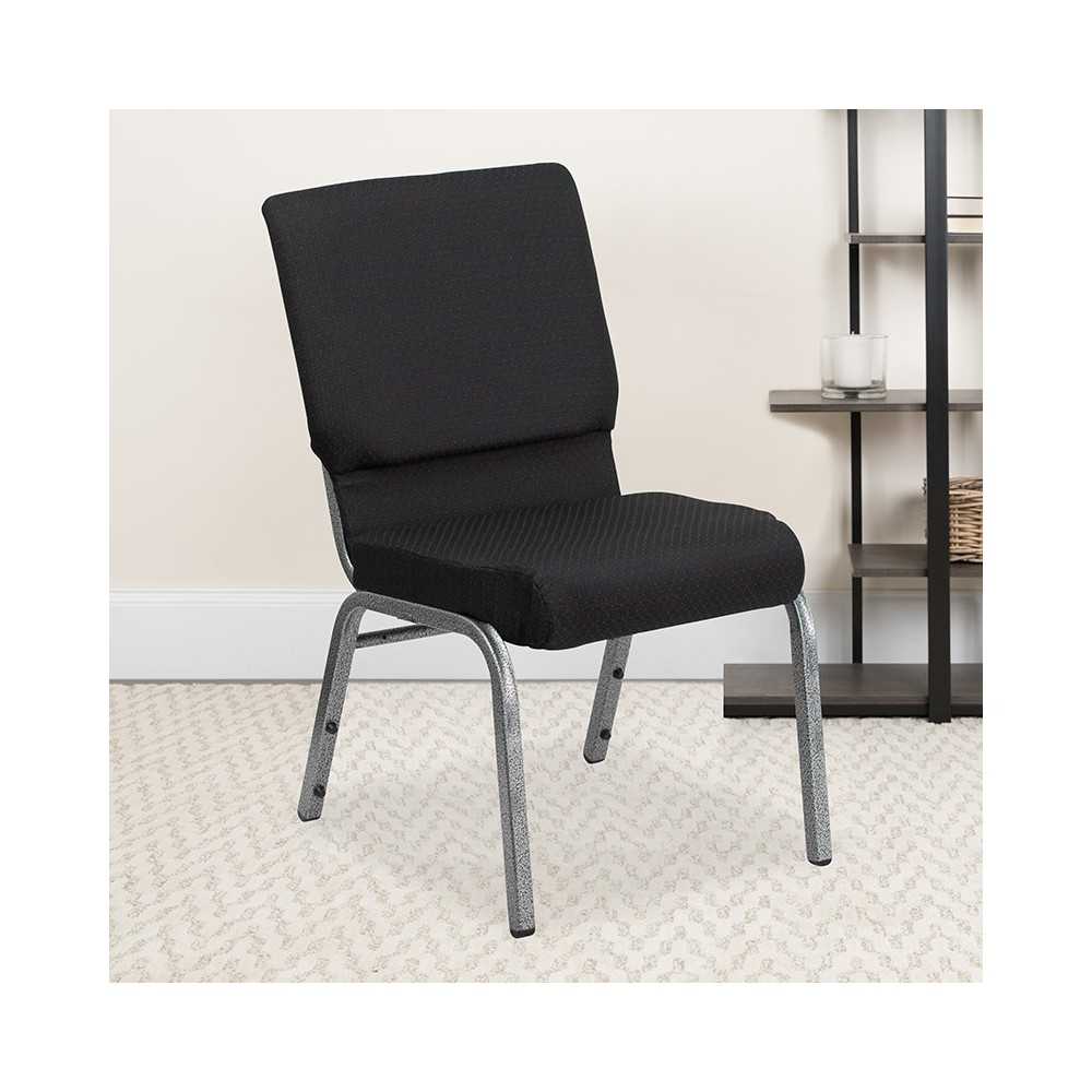18.5''W Stacking Church Chair in Black Patterned Fabric - Silver Vein Frame