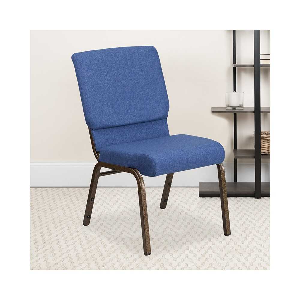 18.5''W Stacking Church Chair in Blue Fabric - Gold Vein Frame