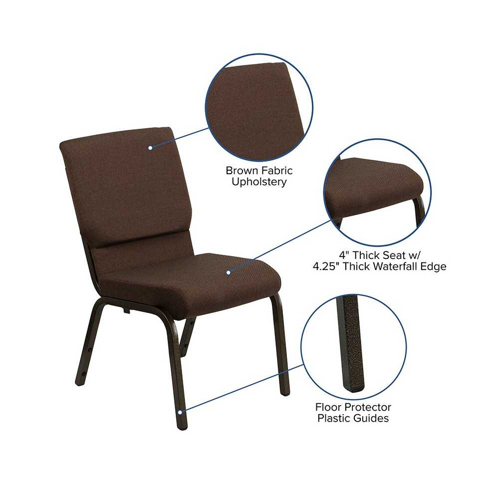 18.5''W Stacking Church Chair in Brown Fabric - Gold Vein Frame