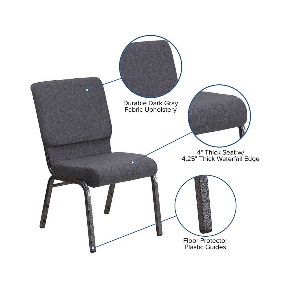 18.5''W Stacking Church Chair in Dark Gray Fabric - Silver Vein Frame