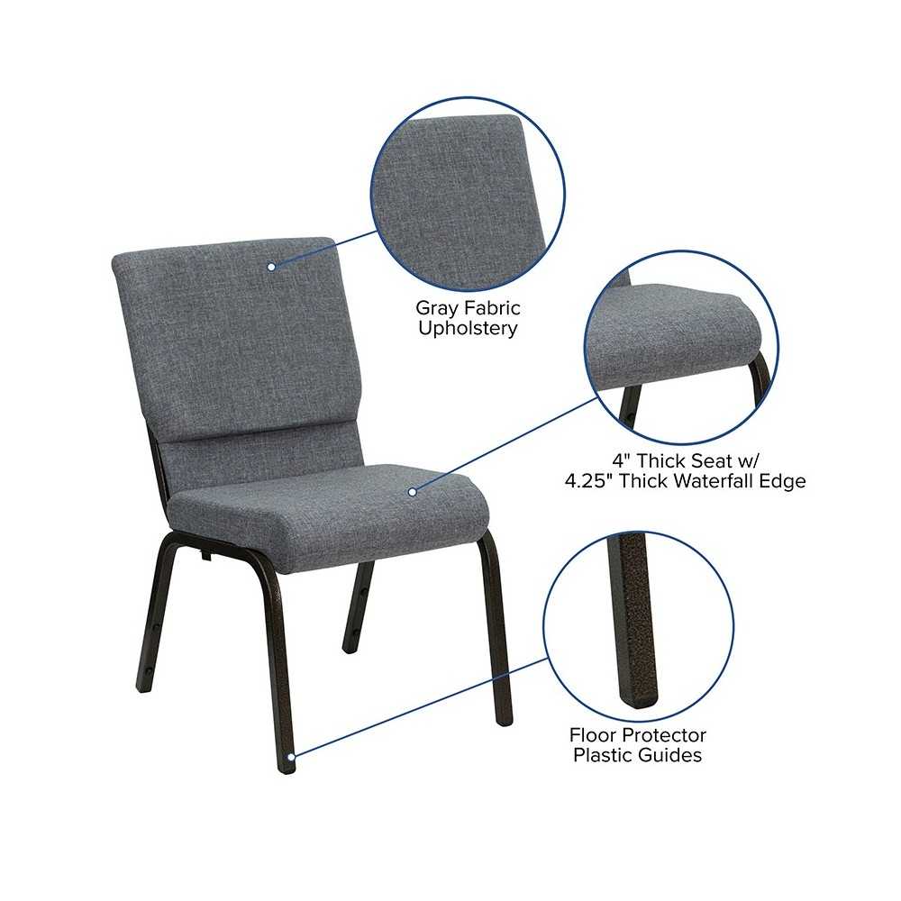 18.5''W Stacking Church Chair in Gray Fabric - Gold Vein Frame