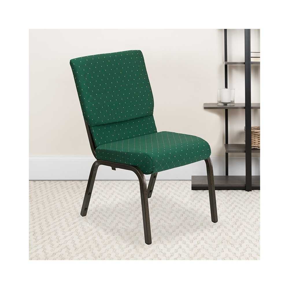 18.5''W Stacking Church Chair in Green Patterned Fabric - Gold Vein Frame