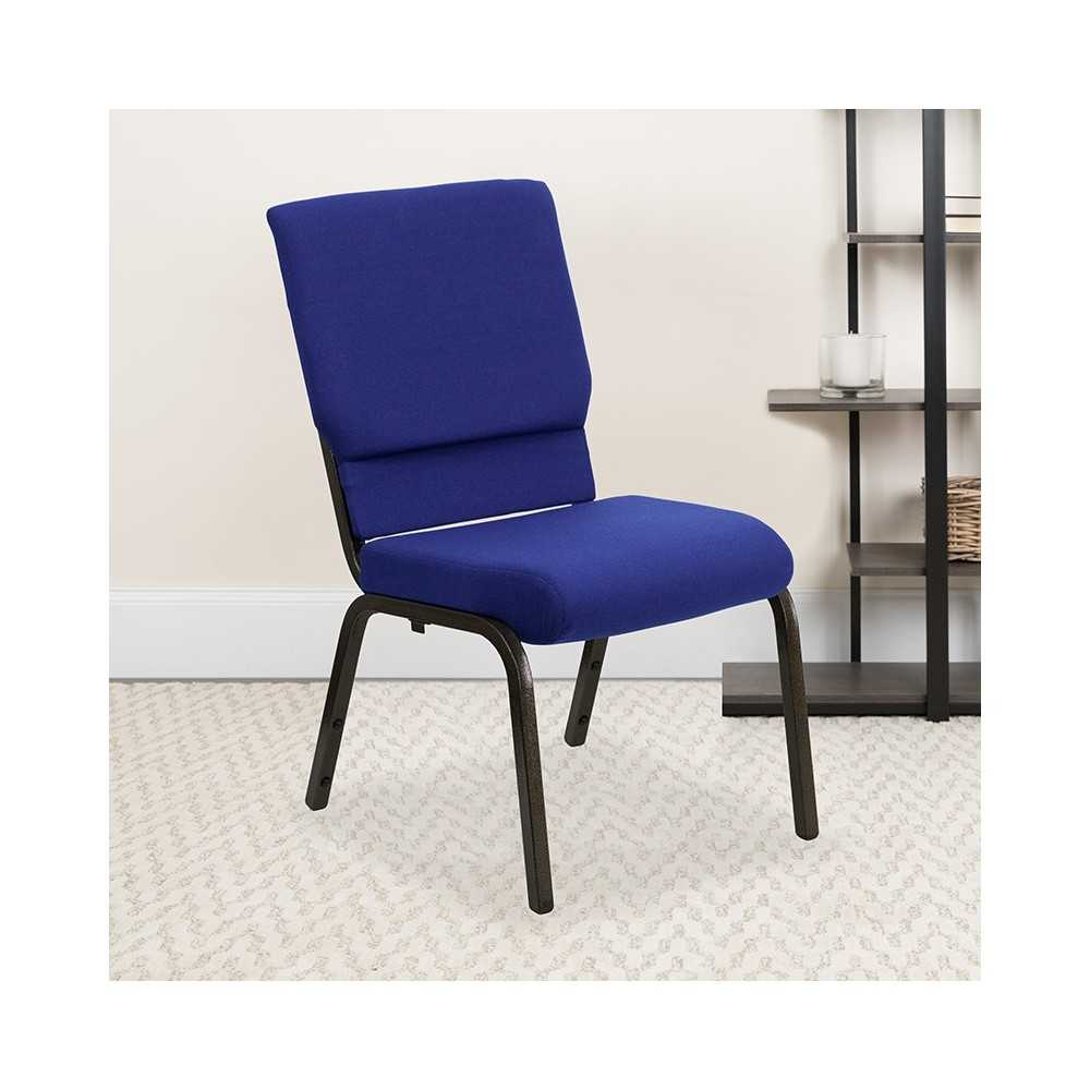 18.5''W Stacking Church Chair in Navy Blue Fabric - Gold Vein Frame