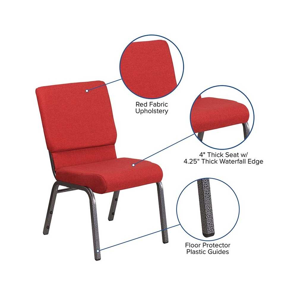 18.5''W Stacking Church Chair in Red Fabric - Silver Vein Frame