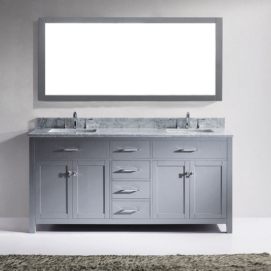 Caroline 72" Double Square Sink Marble Top Vanity in Grey with Mirror