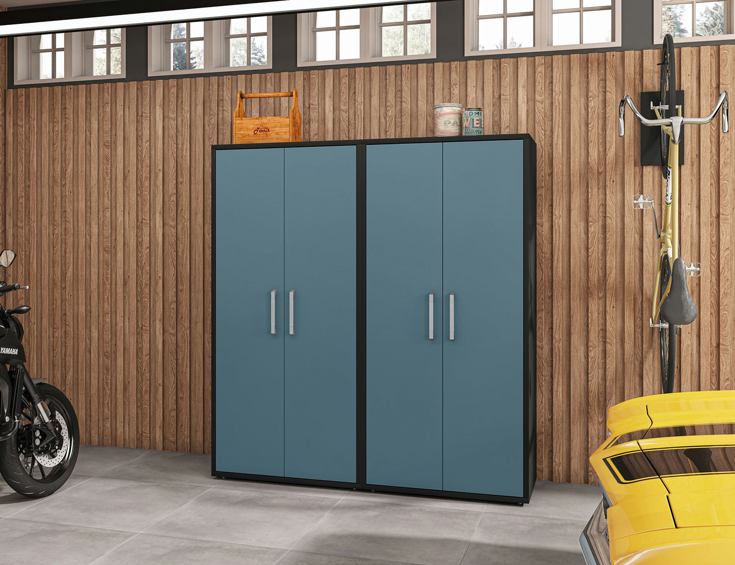Eiffel Storage Cabinet in Matte Black and Aqua Blue (Set of 2)