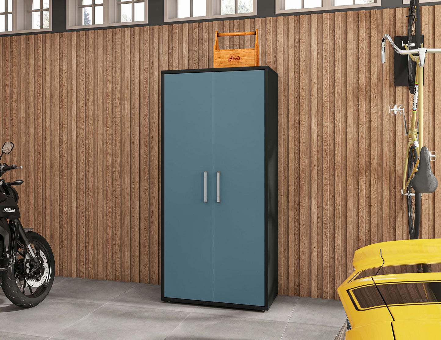 Eiffel Storage Cabinet in Matte Black and Aqua Blue (Set of 2)