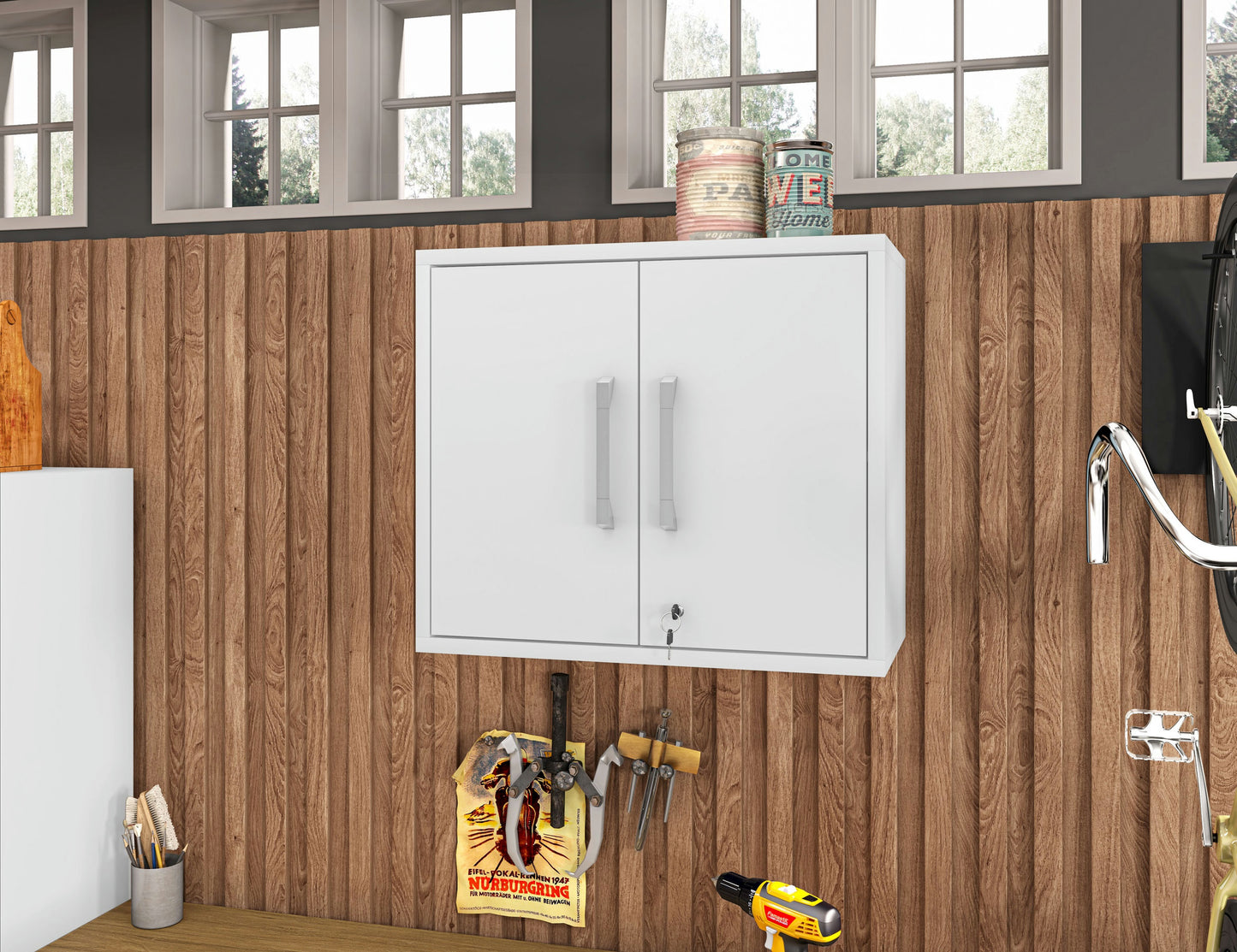 Eiffel Floating Garage Cabinet in White (Set of 2)
