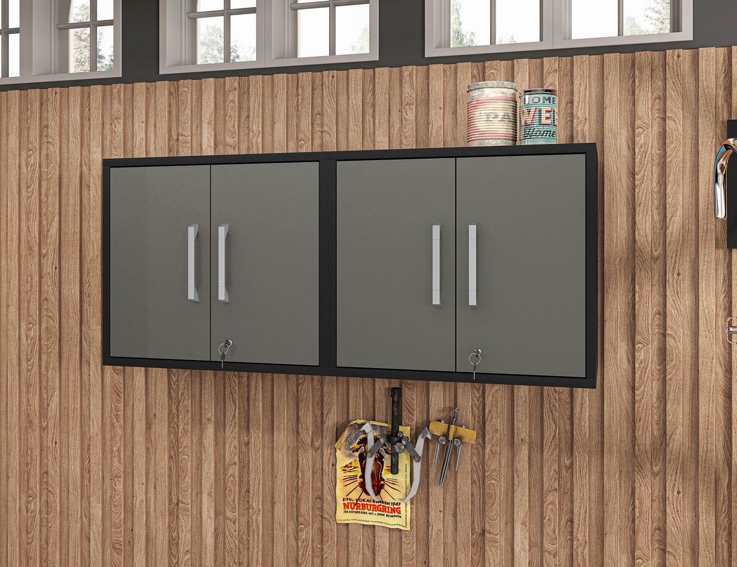 Eiffel Floating Garage Cabinet in Matte Black and Grey (Set of 2)