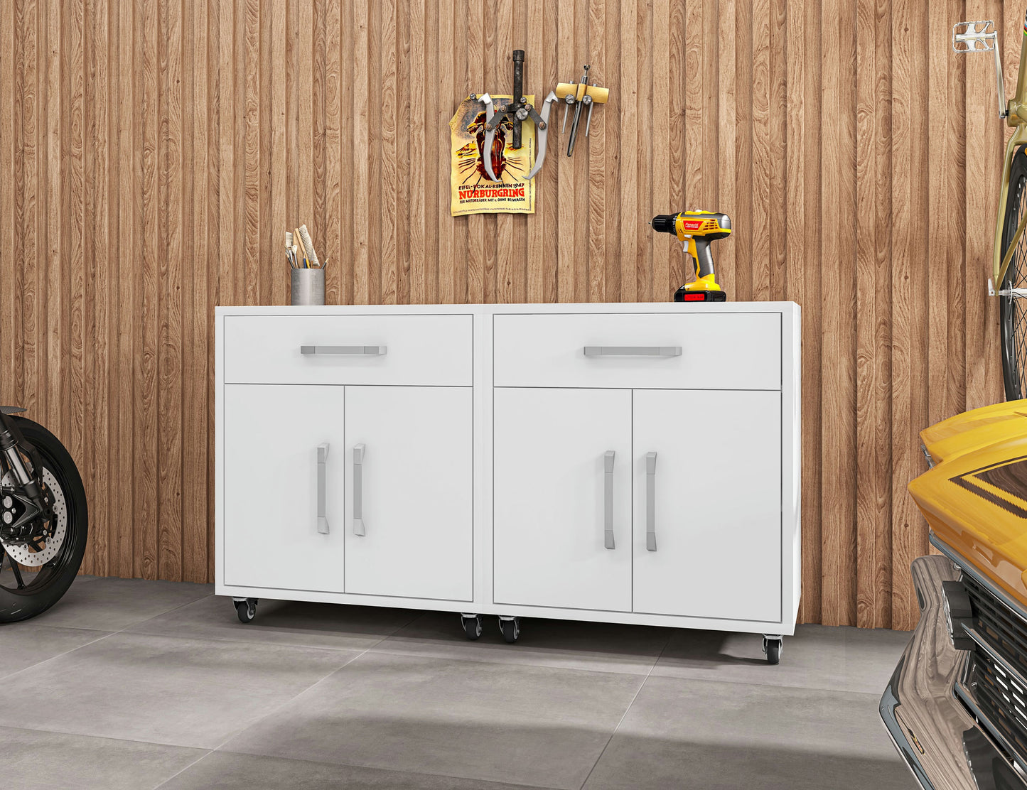 Eiffel Mobile Garage Cabinet in White (Set of 2)