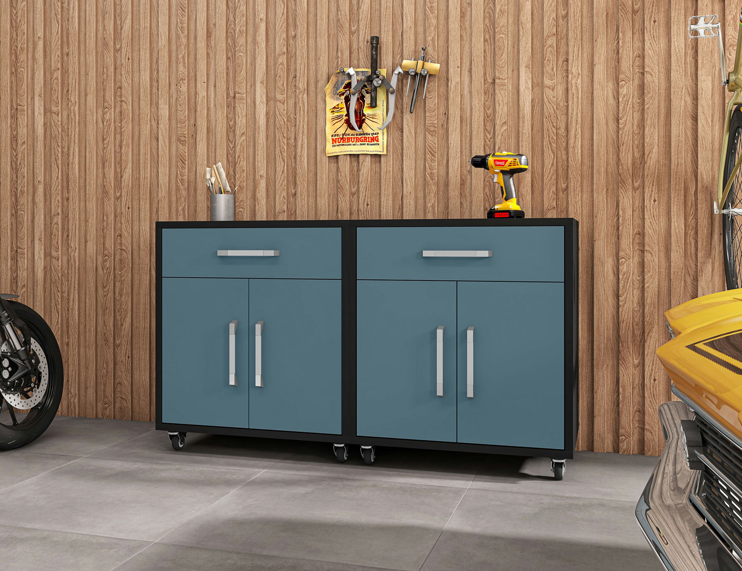 Eiffel Mobile Garage Cabinet in Matte Black and Aqua Blue (Set of 2)