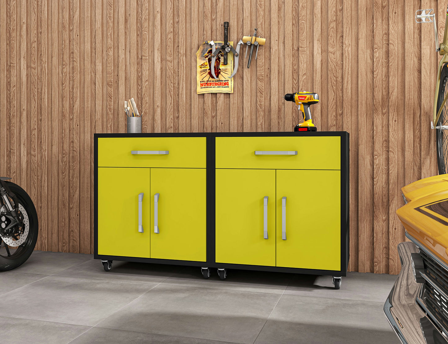 Eiffel Mobile Garage Cabinet in Matte Black and Yellow (Set of 2)