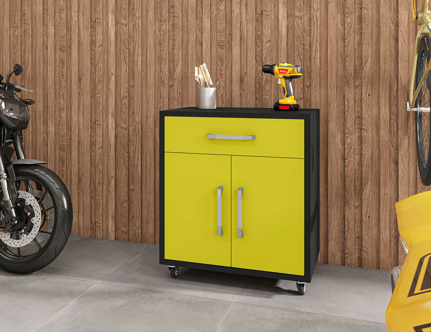 Eiffel Mobile Garage Cabinet in Matte Black and Yellow (Set of 2)
