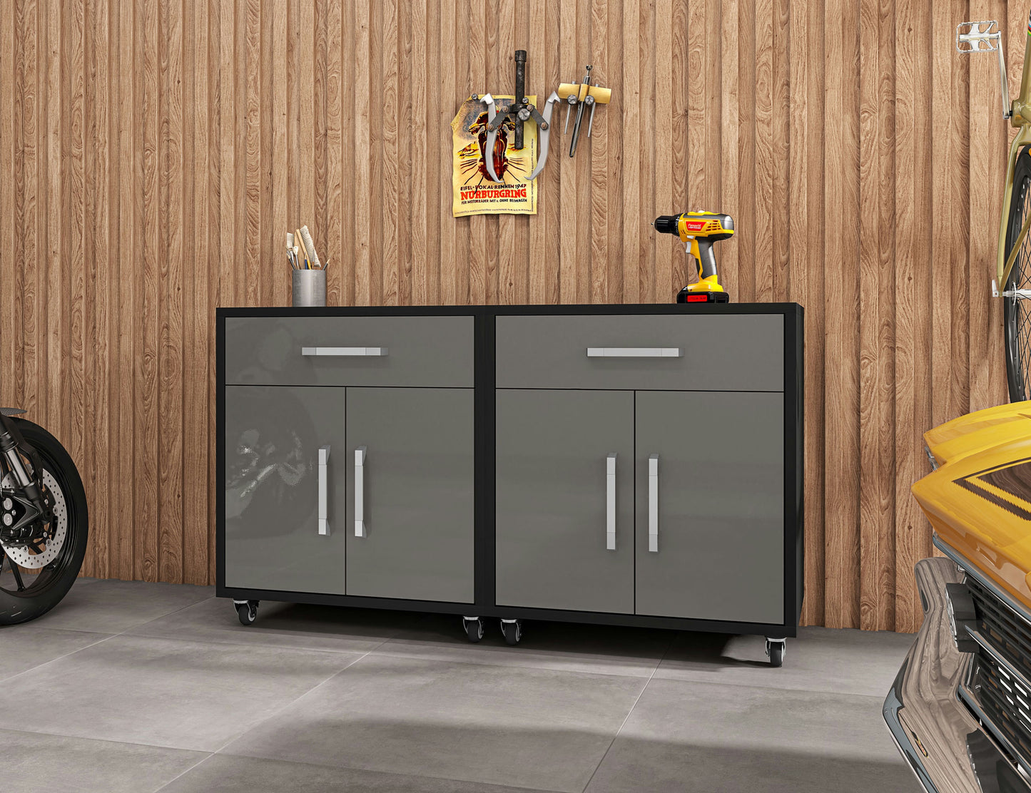 Eiffel Mobile Garage Cabinet in Matte Black and Grey (Set of 2)