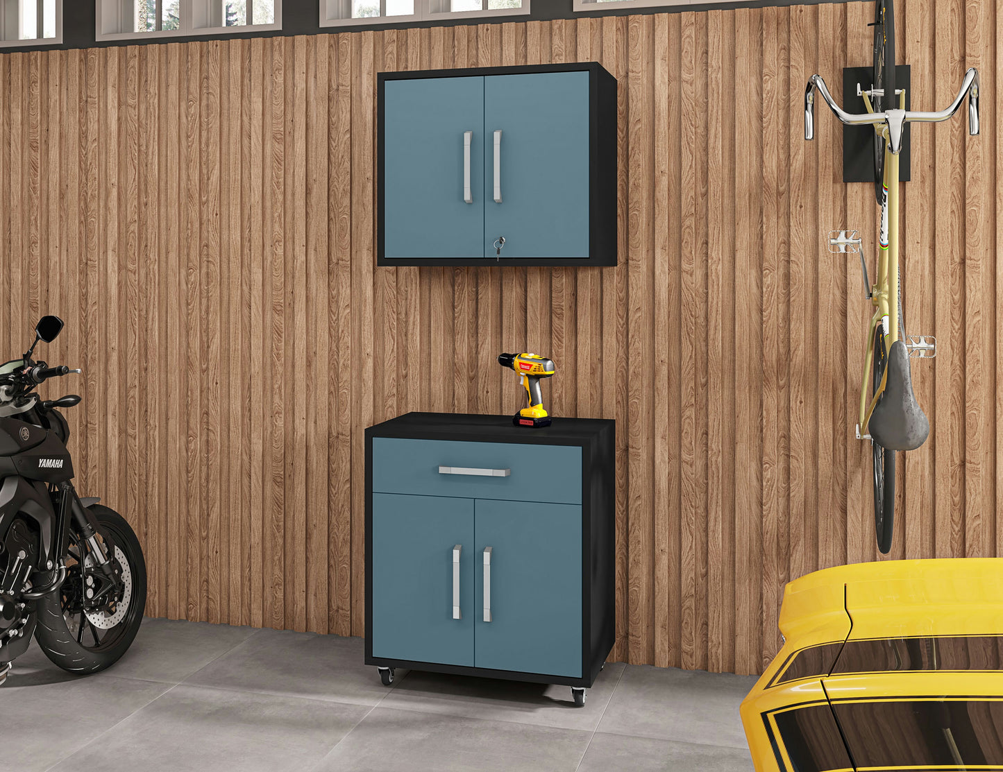 Eiffel 2-Piece Storage Garage Set in Matte Black and Aqua Blue
