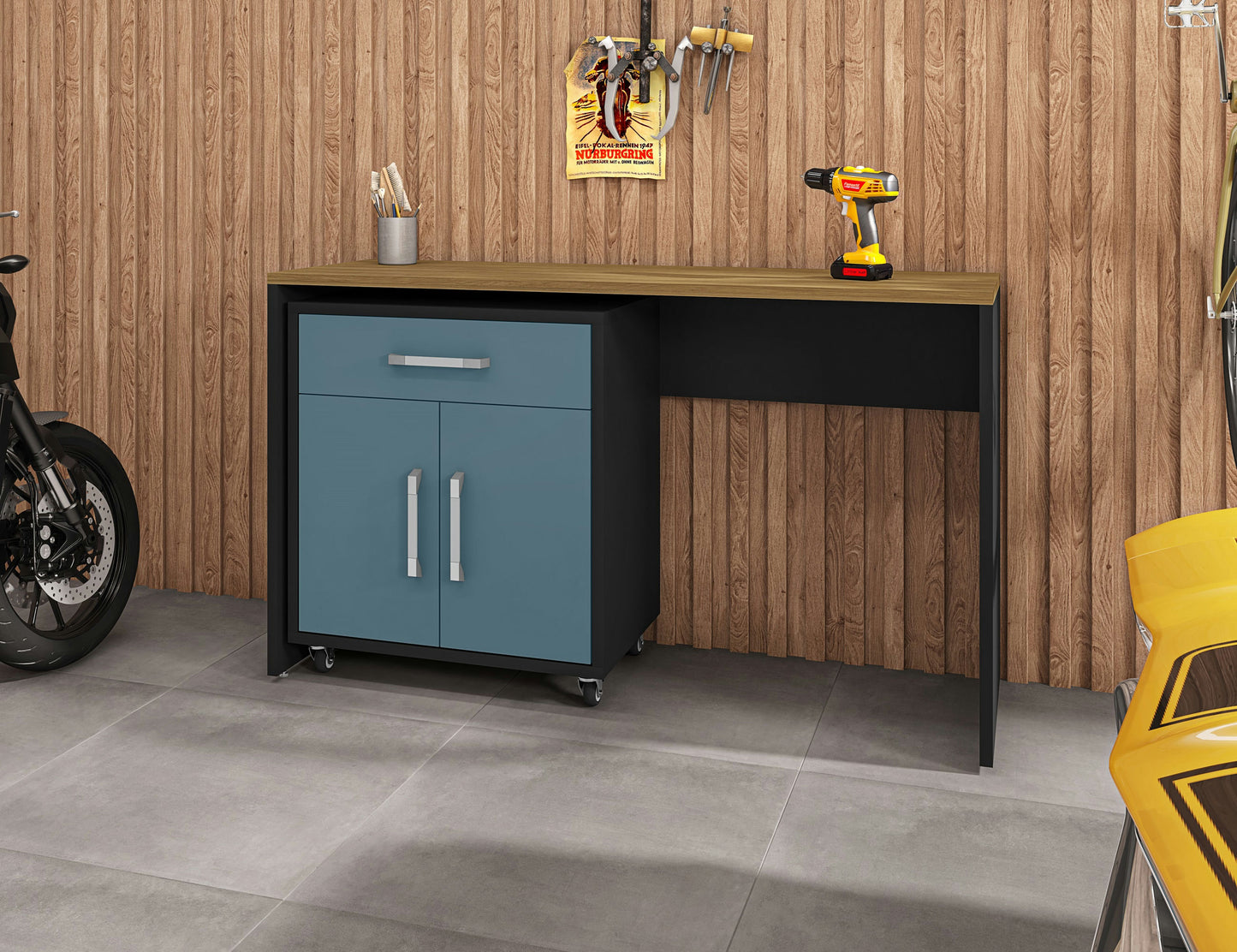 Eiffel Garage Work Station Set of 2 in Matte Black and Aqua Blue