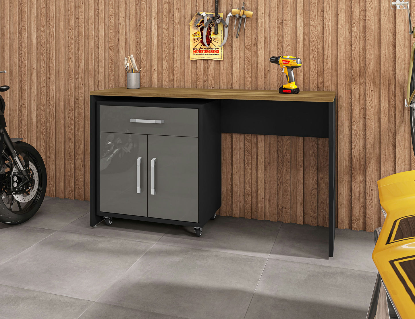 Eiffel Garage Work Station Set of 2 in Matte Black and Grey